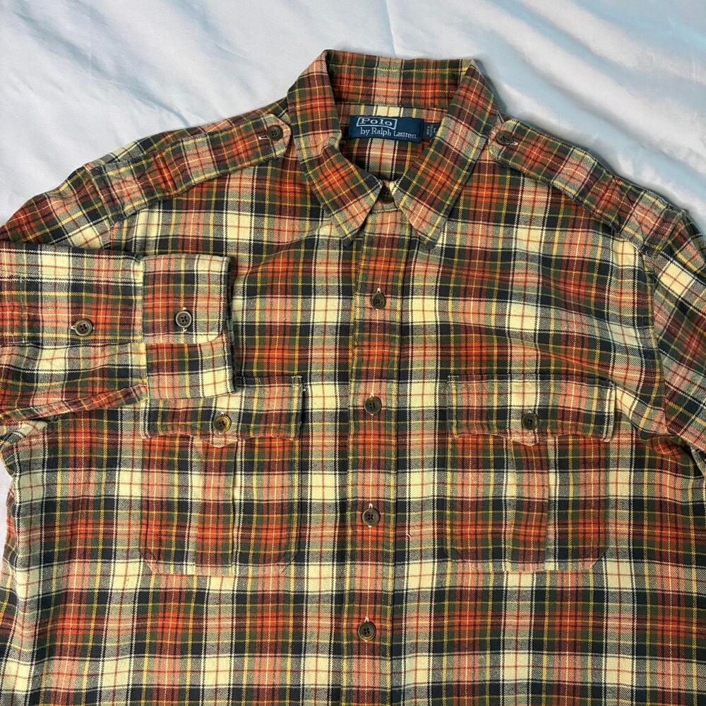 Polo Ralph Lauren Plaid Flannel Shirt Men’s Large Orange Green Utility Pockets